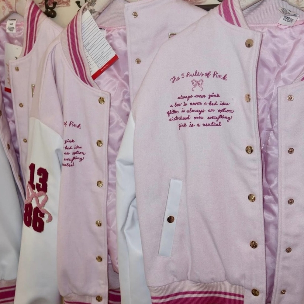 LoveShackFancy Pink and White Varsity Jacket Small New